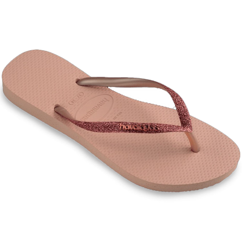 Chinelo feminino Havaianas Slim Glitter Rosa com tiras brilhantes em destaque