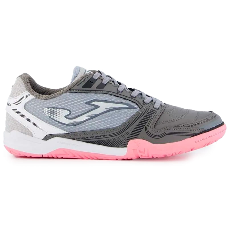 Chuteira unissex Joma Dribling cinza com detalhes rosa e solado de borracha para futsal