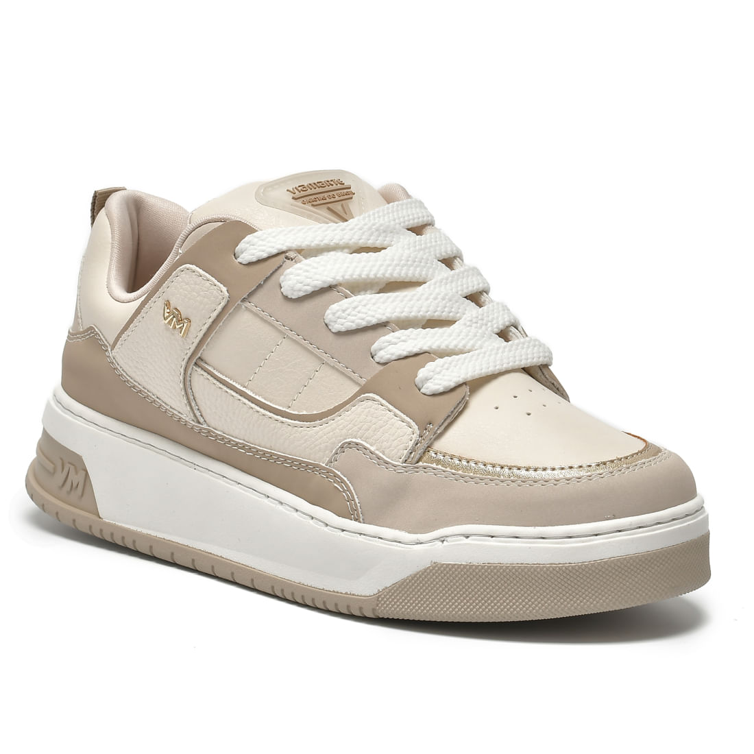 Tênis casual feminino Via Marte marfim vista lateral com detalhes em branco e bege