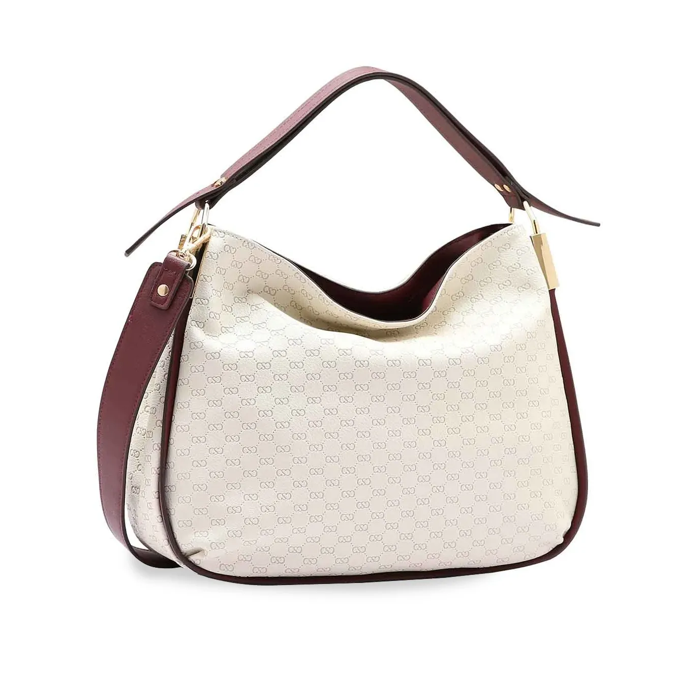 Bolsa hobo feminina Chenson cor off white com estampa de logos repetidos, alça longa removível bordô e ferragens douradas