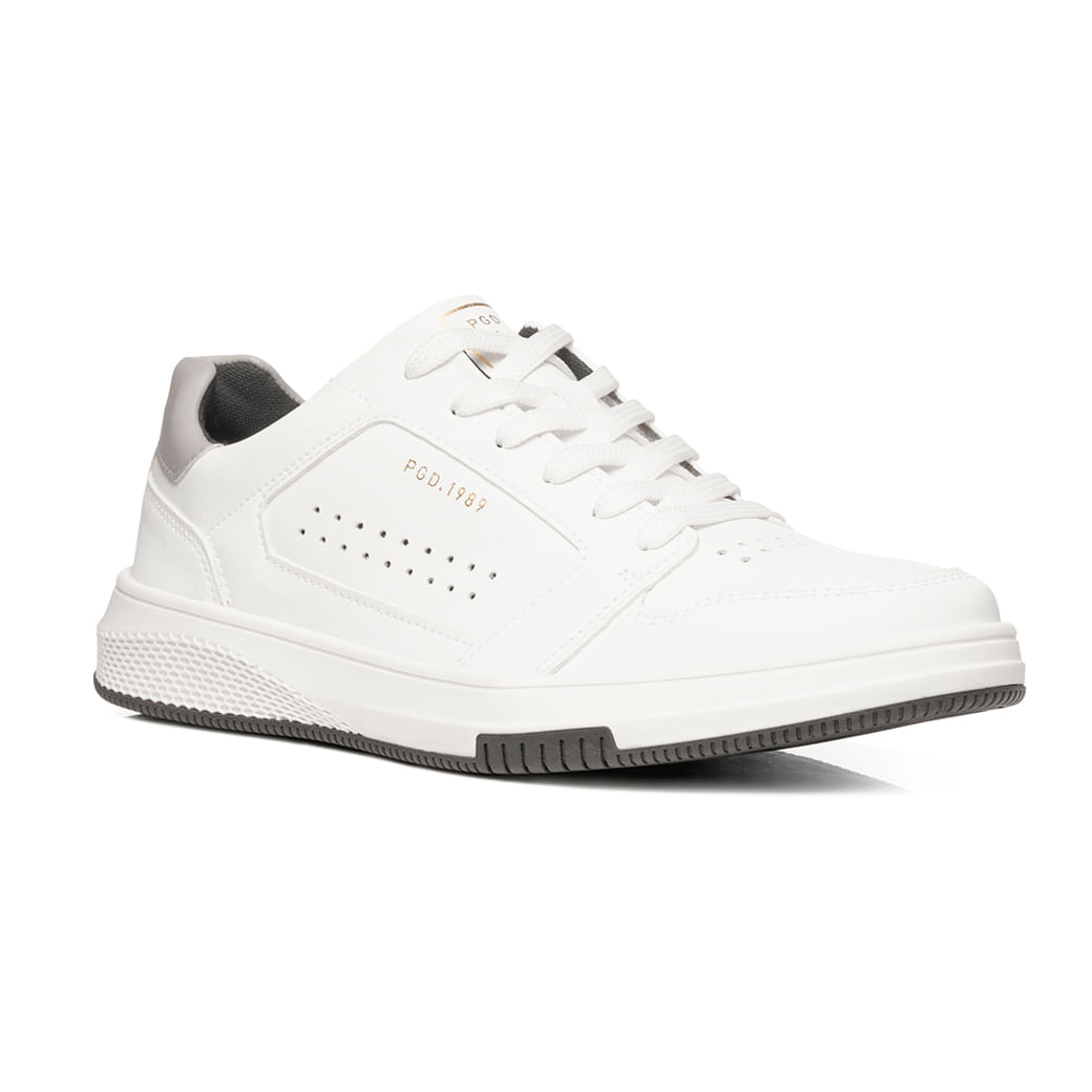 Vista lateral do tênis casual masculino Pegada branco em couro com detalhes perfurados