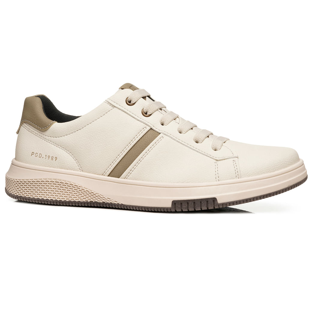 Tênis casual masculino Pegada cor creme com detalhes marrom, fechamento cadarço creme, solado borracha antiderrapante.
