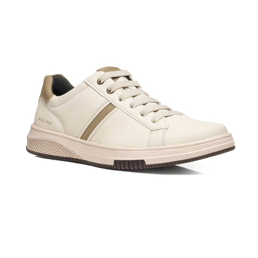 Tênis casual Pegada creme vista lateral direita, destacando solado antiderrapante e fechamento por cadarço.