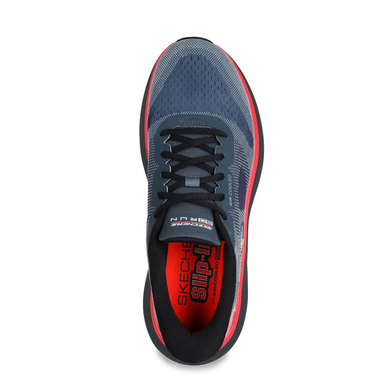 Vista superior do tênis Skechers masculino azul com palmilha vermelha e fechamento por cadarço