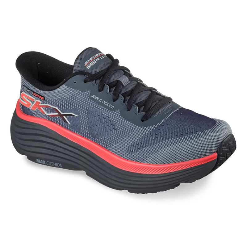 Tênis Skechers masculino azul visto em ângulo frontal lateral com detalhes em vermelho e preto