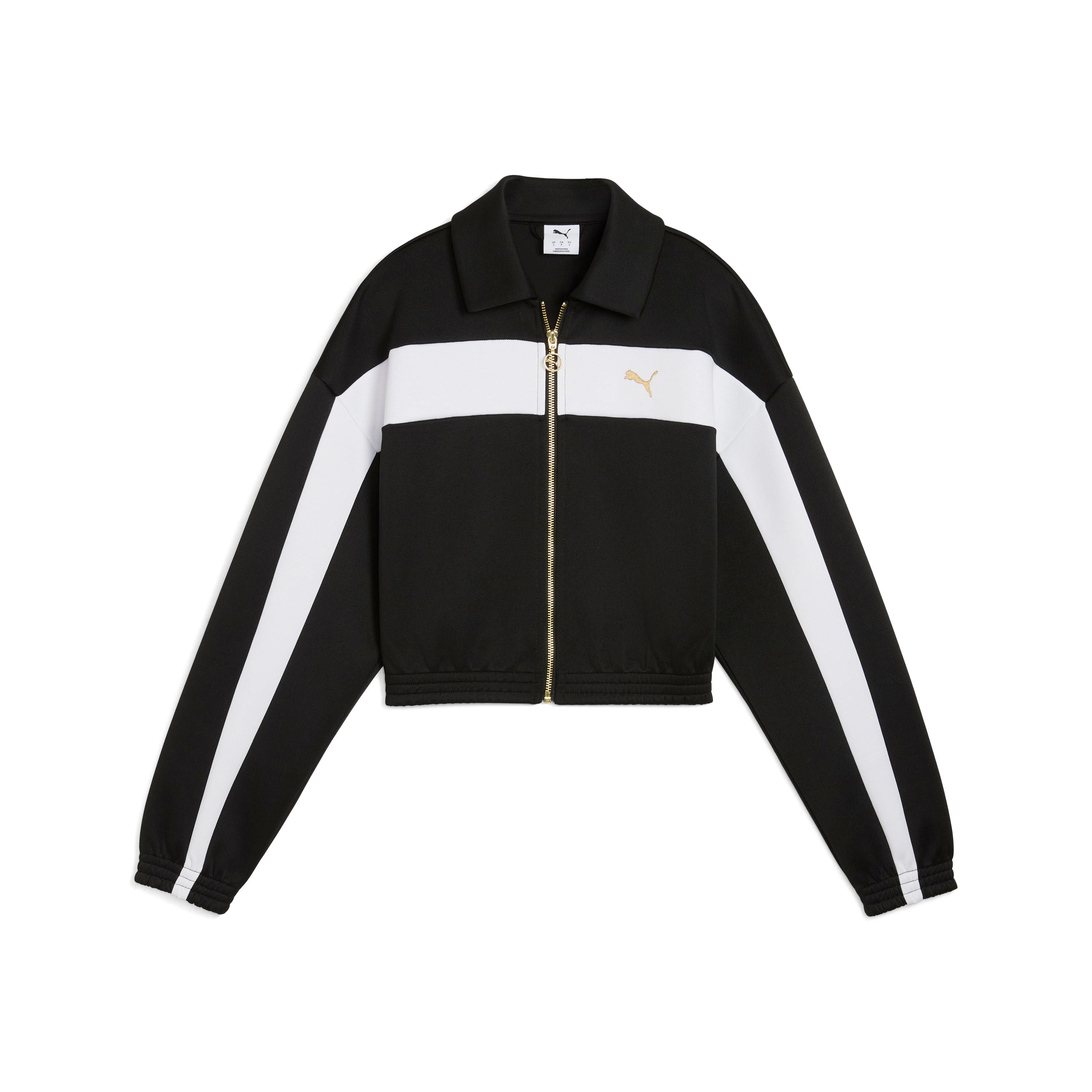 Jaqueta casual feminina Puma preta com faixa branca e zíper dourado frontal, modelo cropped com gola tradicional e punhos elásticos
