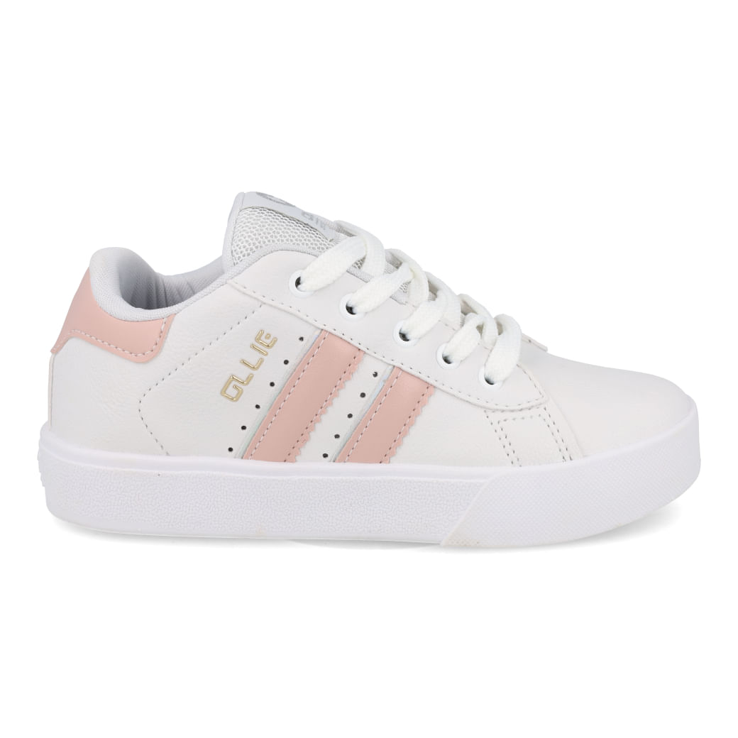 Tênis infantil branco com detalhes rosa, sola branca e cadarços brancos, lateral em material sintético com logo dourado