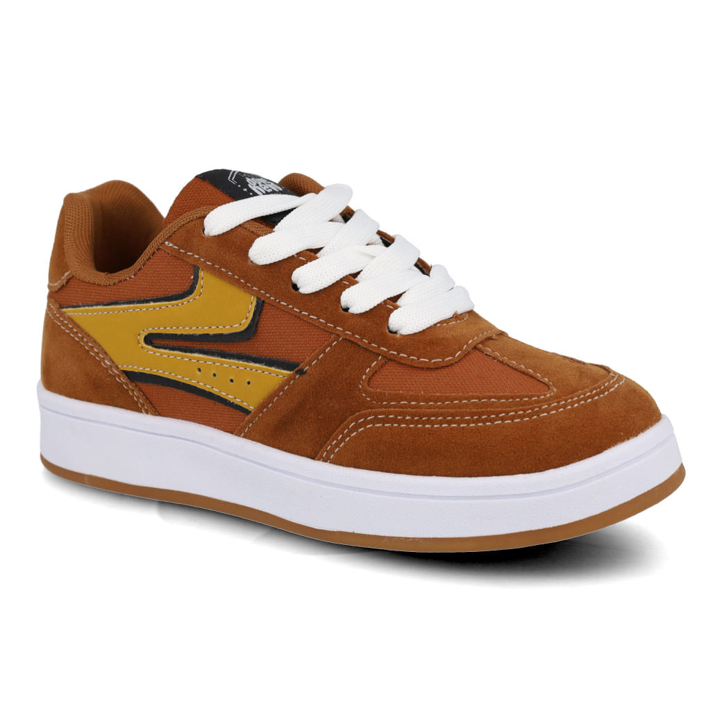 Tênis infantil feminino casual Done Head FS9102-02 marrom com detalhes amarelo mostarda vista frontal lateral esquerda.