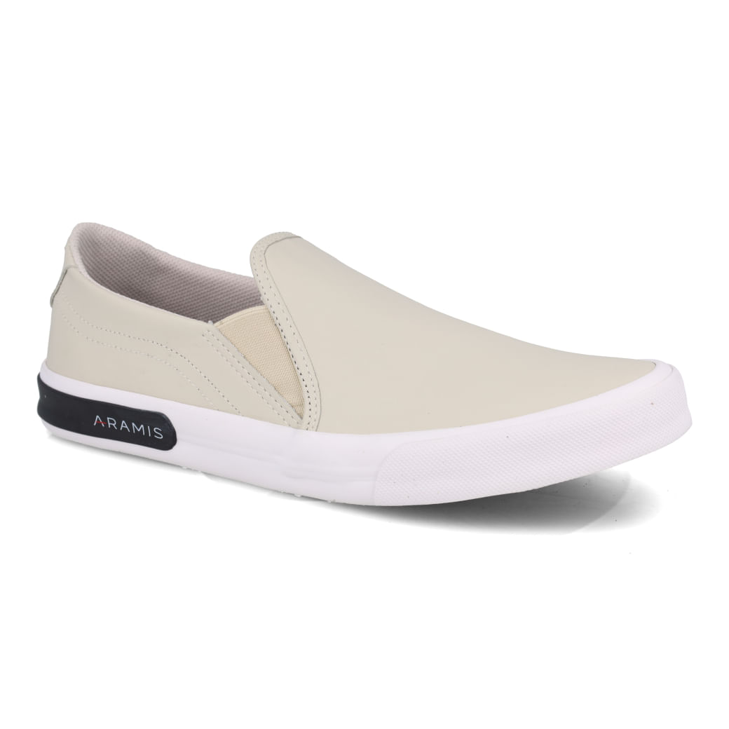 Tênis casual masculino Aramis off white slip on vista lateral direita para ajuste de tamanho