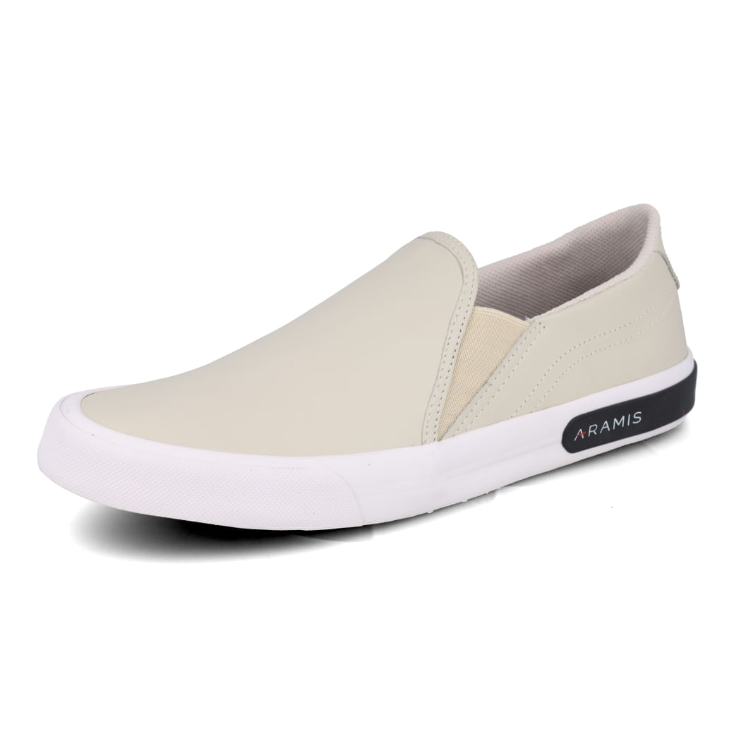 Tênis casual masculino Aramis off white slip on vista lateral esquerda destacando detalhes
