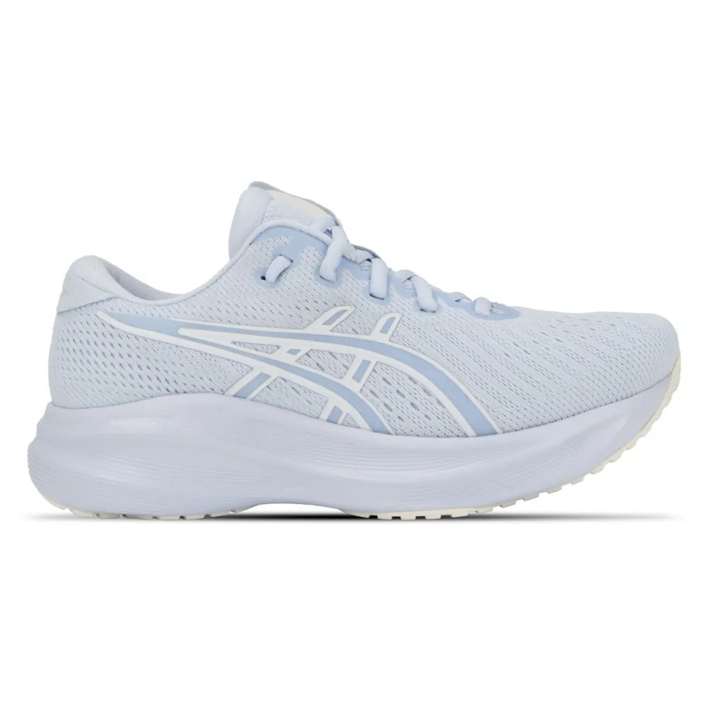 Tênis Asics Gel Excite 11 feminino azul claro em ângulo frontal mostrando design respirável e logo da Asics