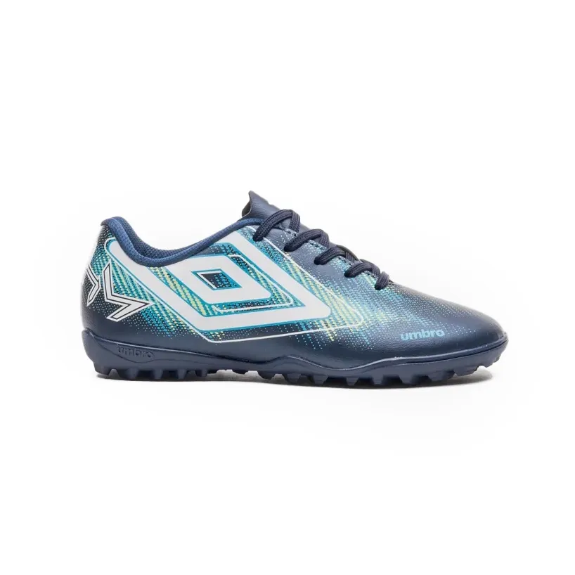 Chuteira infantil society Umbro Heatmap Jr na cor marinho com detalhes em branco e azul, vista lateral esquerda, destacando o design esportivo e cadarço