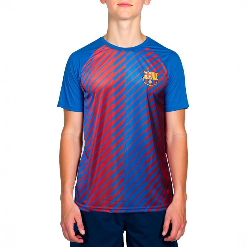 Camiseta juvenil azul com escudo do Barcelona vista frontal para seção de ajuste.