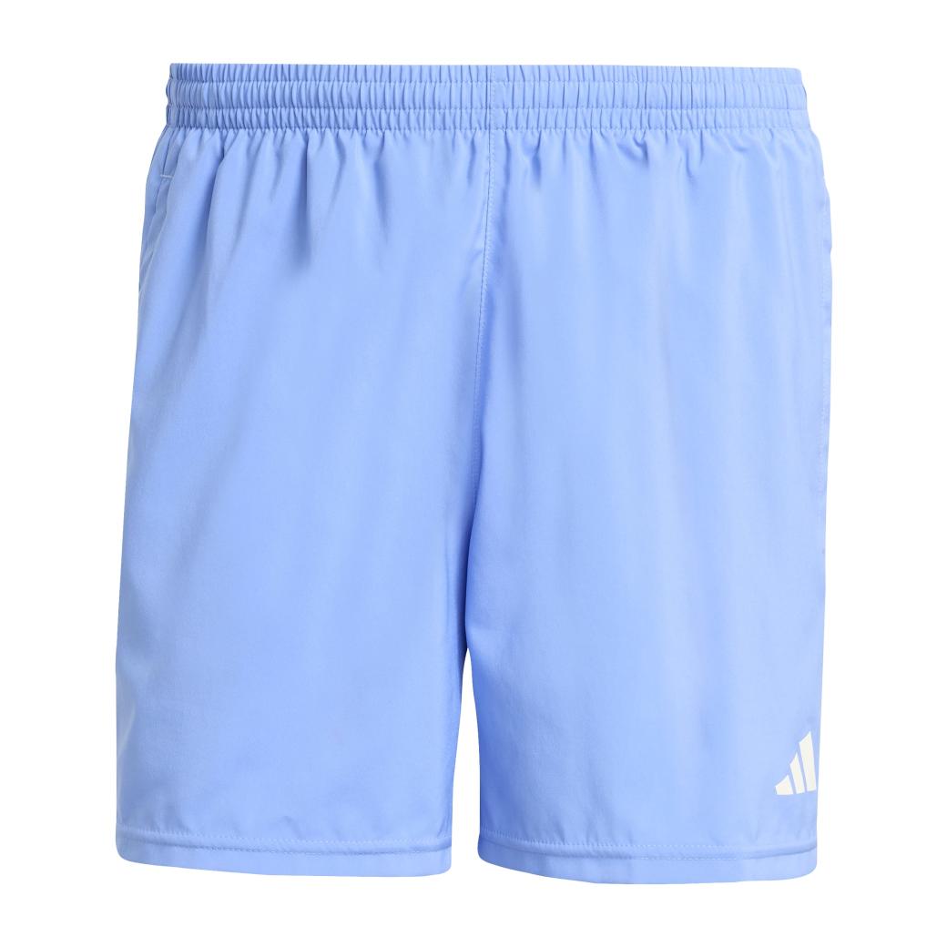 Bermuda masculina Adidas Own The Run azul vista frontal com cós elástico e logo branco