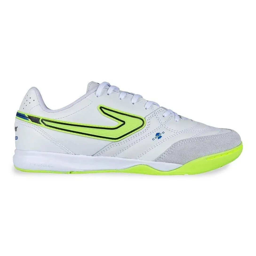 Chuteira de futsal masculina Topper Maestro Pro V branca com detalhes em verde neon e coral, solado antiderrapante para quadra