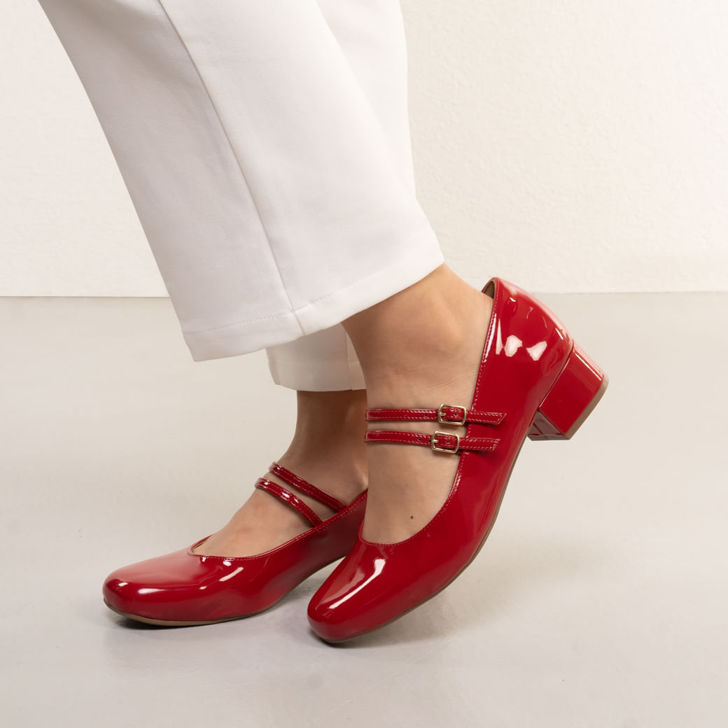 Sapato Feminino Salto Bloco Tiras Fivela Via Marte Vermelho Paquetá
