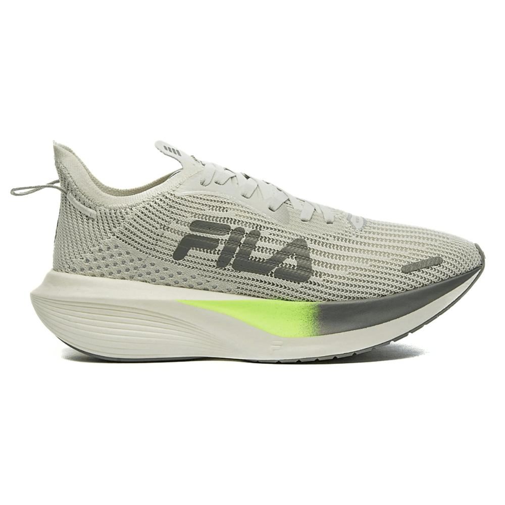 Tênis de corrida Fila Racer Carbon 2 Feminino Branco com detalhes em cinza e verde, design respirável com solado branco e verde
