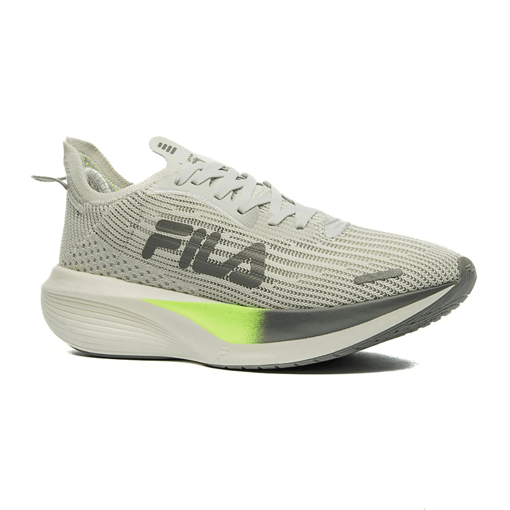 Vista lateral do tênis Fila Racer Carbon 2 Feminino Branco, design respirável com detalhes em cinza e verde