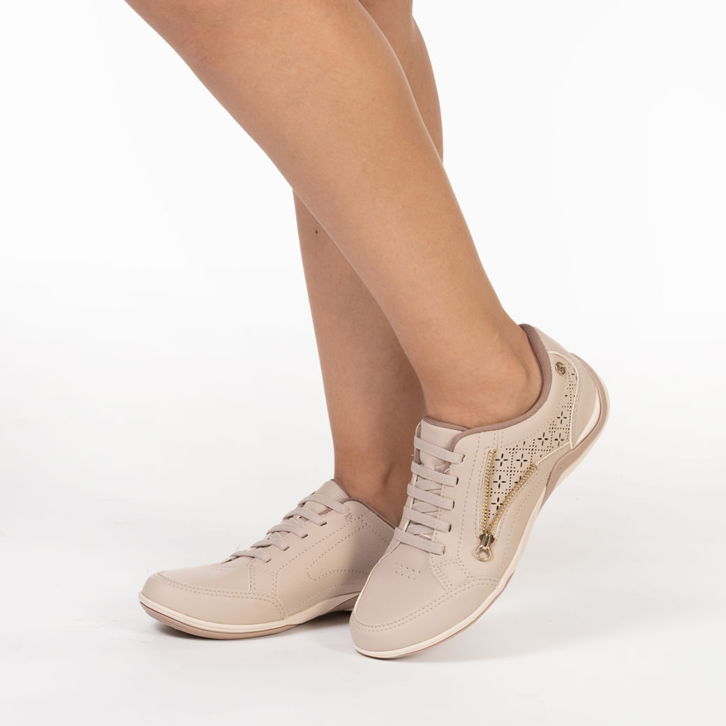 Tênis Feminino Casual Recortes Zíper Kolosh Bege Paquetá