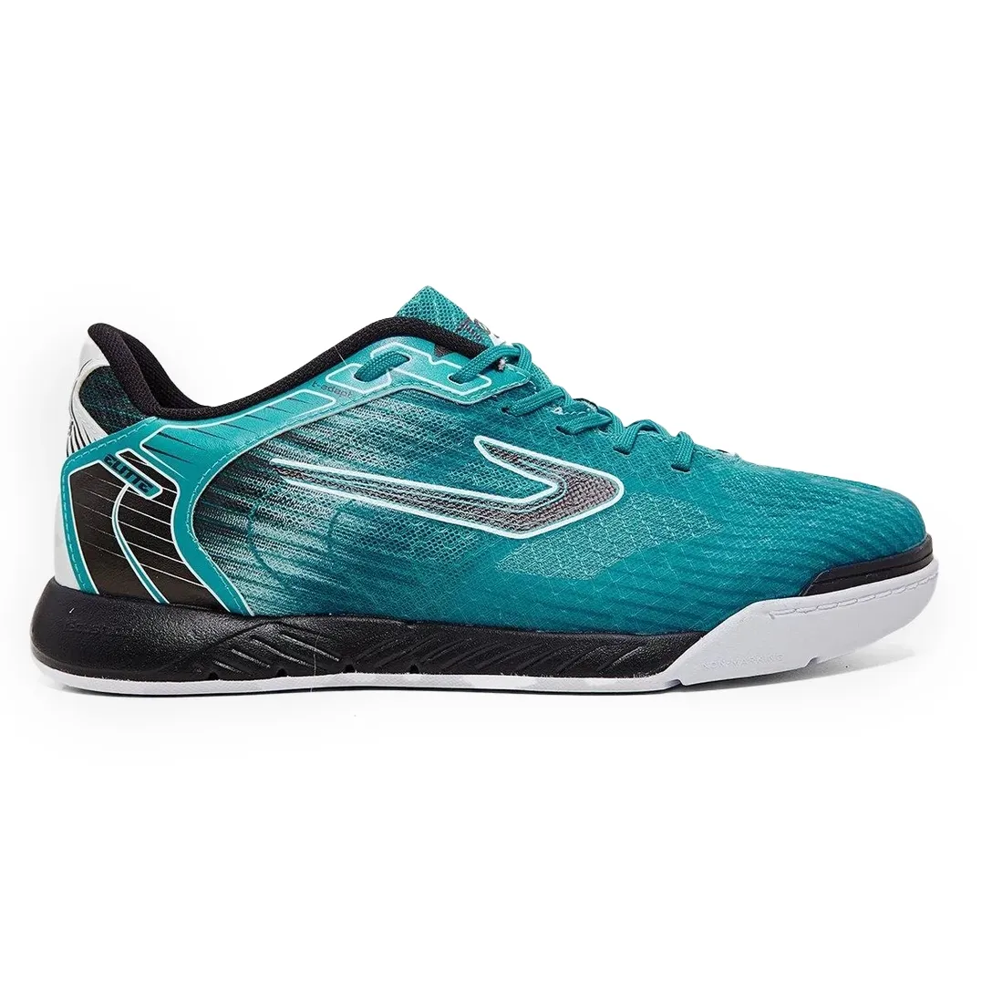Chuteira masculina futsal Topper Elitte FSAL azul com detalhes branco e preto, vista lateral direita