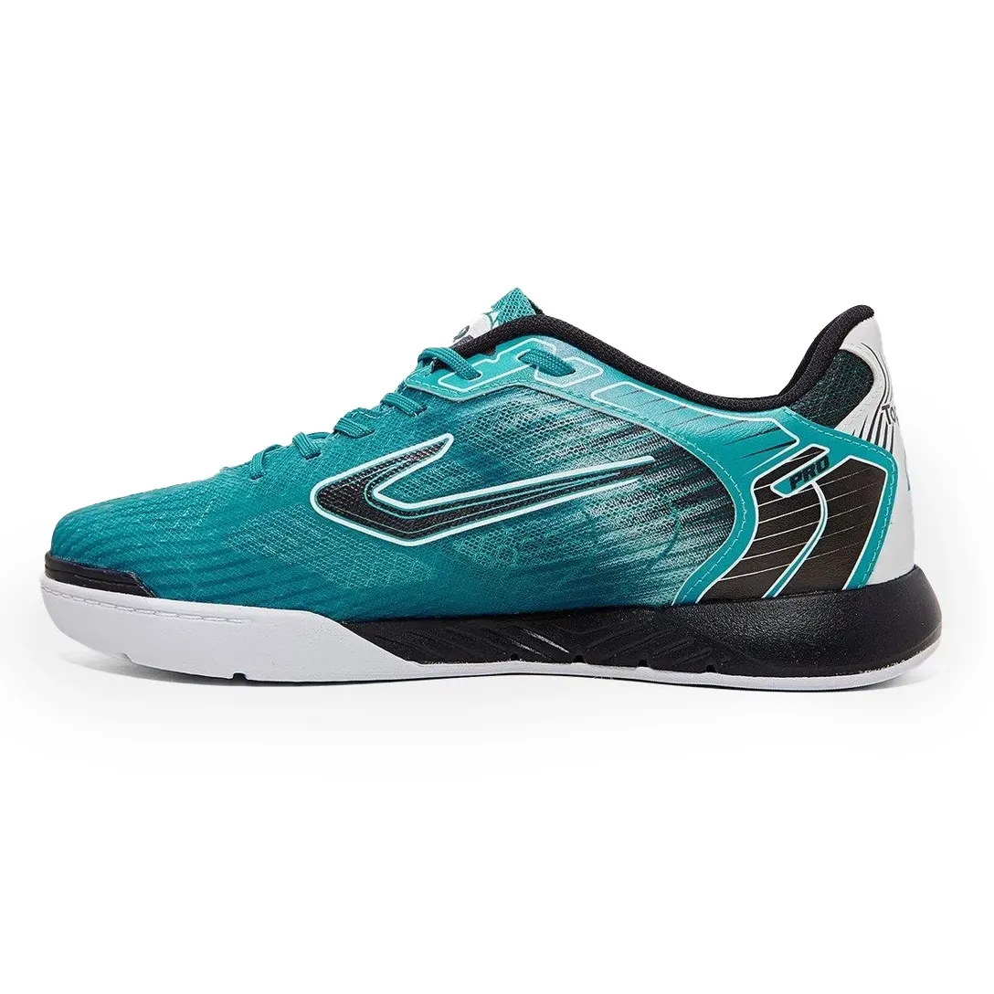 Chuteira masculina futsal Topper Elitte FSAL azul vista lateral esquerda com cadarço azul