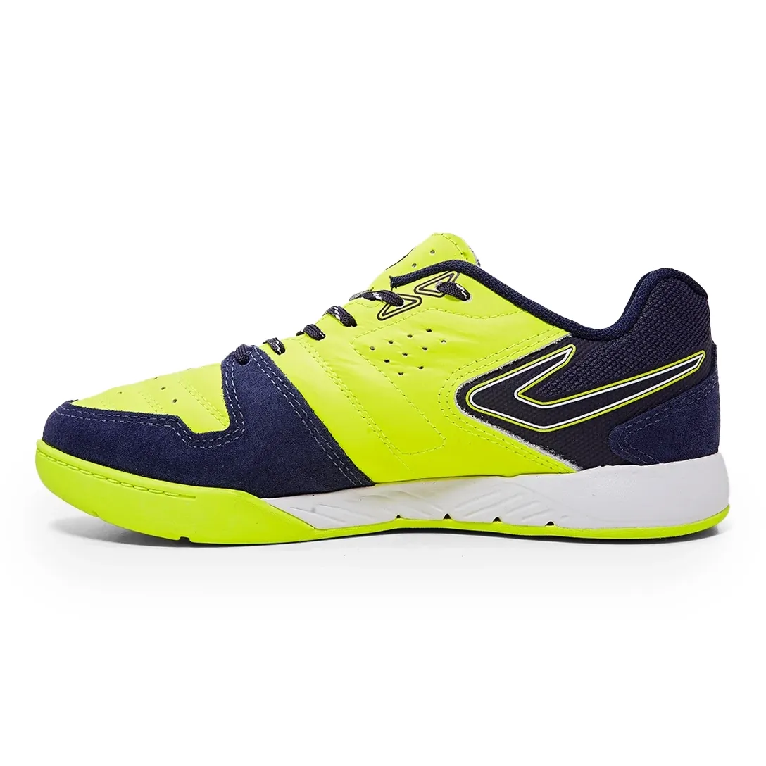 Chuteira masculina Topper Dominator Pro V para futsal, vista lateral direita com detalhes em amarelo e marinho