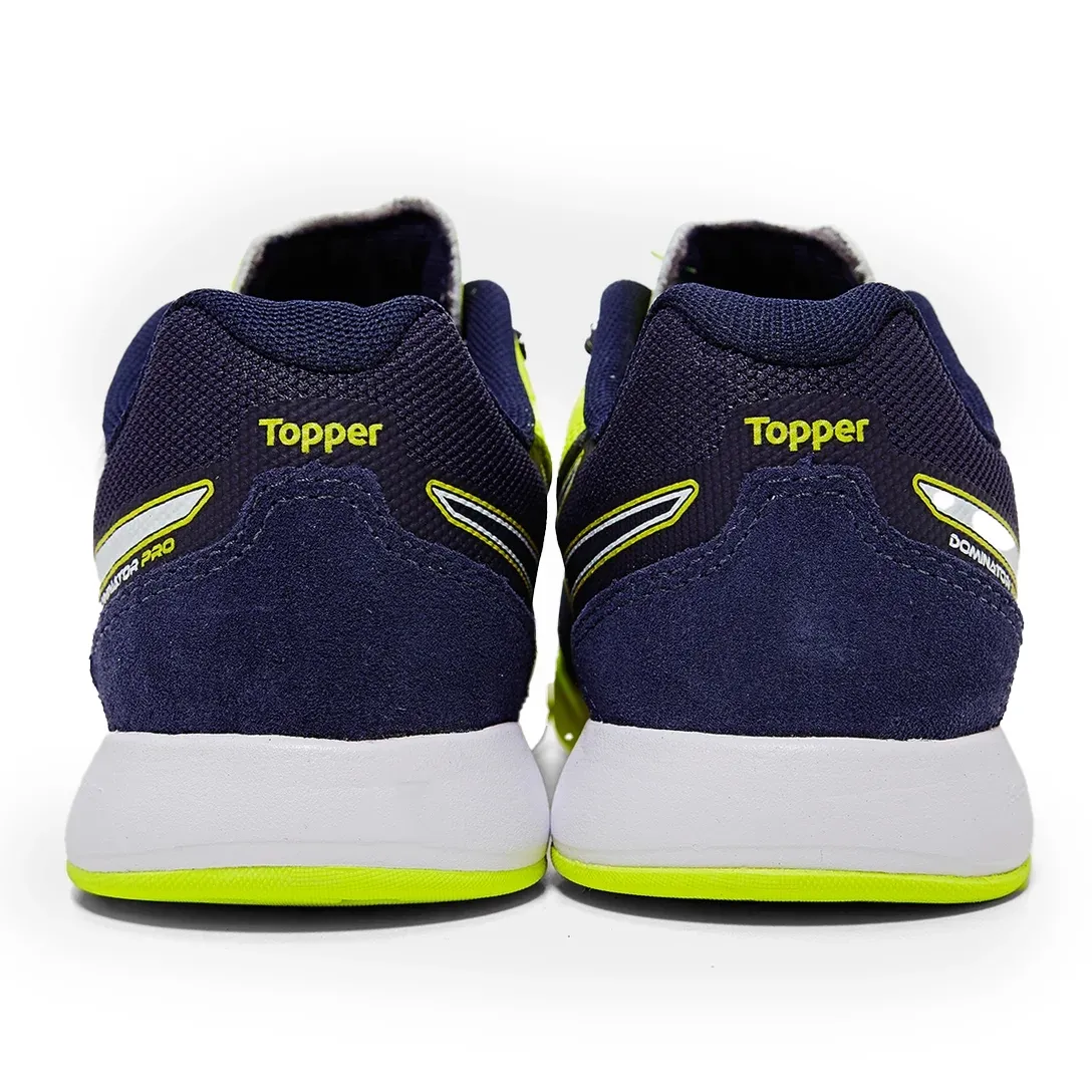 Vista traseira da chuteira Topper Dominator Pro V para futsal em amarelo fluor e marinho