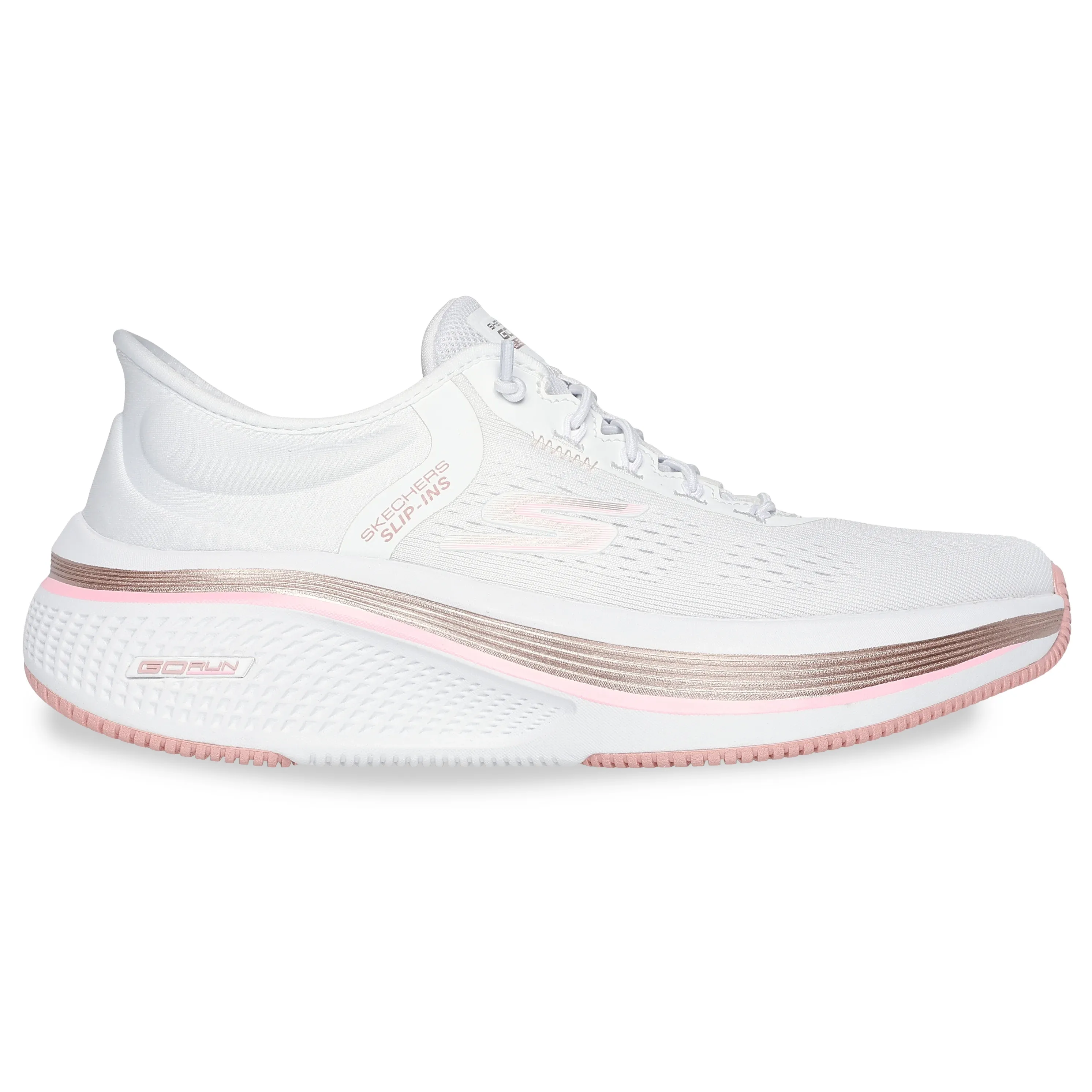 Tênis de corrida feminino branco com detalhes rosa Skechers Go Run Elevate, vista frontal com cadarço e solado branco e rosa