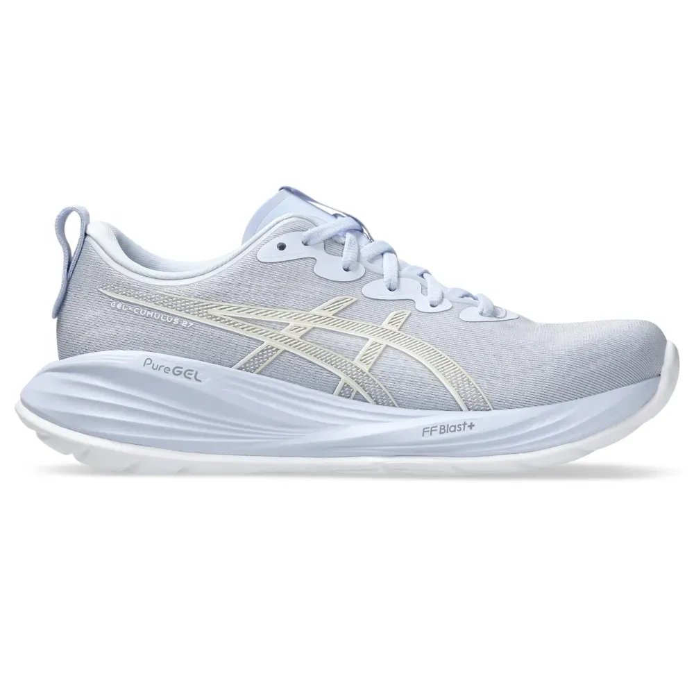 Tênis de corrida feminino Asics Gel-Cumulus 27 azul com detalhes em branco, mostrando design moderno e sola tecnológica