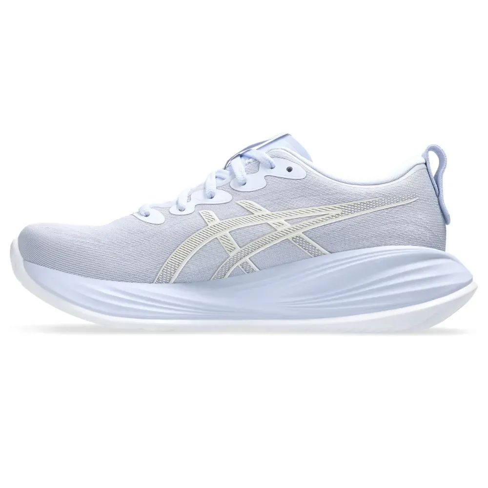Tênis Asics Gel-Cumulus 27 azul vista lateral com sola branca e cabedal em mesh respirável