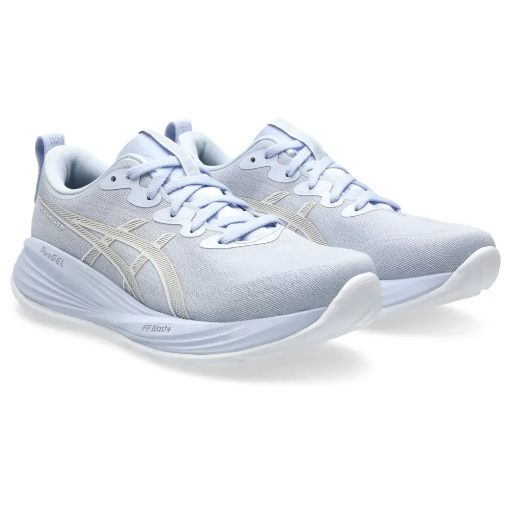Detalhe da sola e amortecimento do tênis Asics Gel-Cumulus 27 azul para corrida confortável