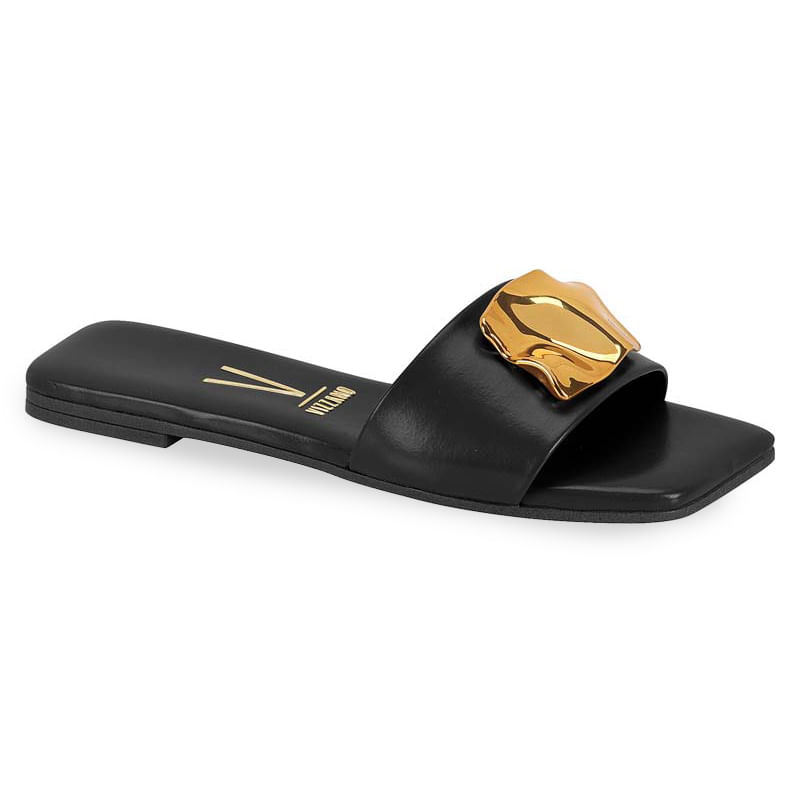 Tamanco Vizzano feminino preto com fivela dourada em forma de garra, vista frontal