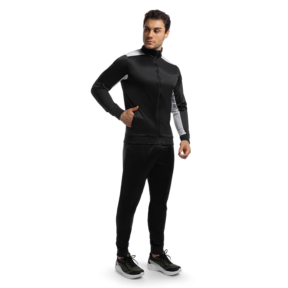 Vista traseira do agasalho masculino Olympikus preto mostrando detalhes e modelagem