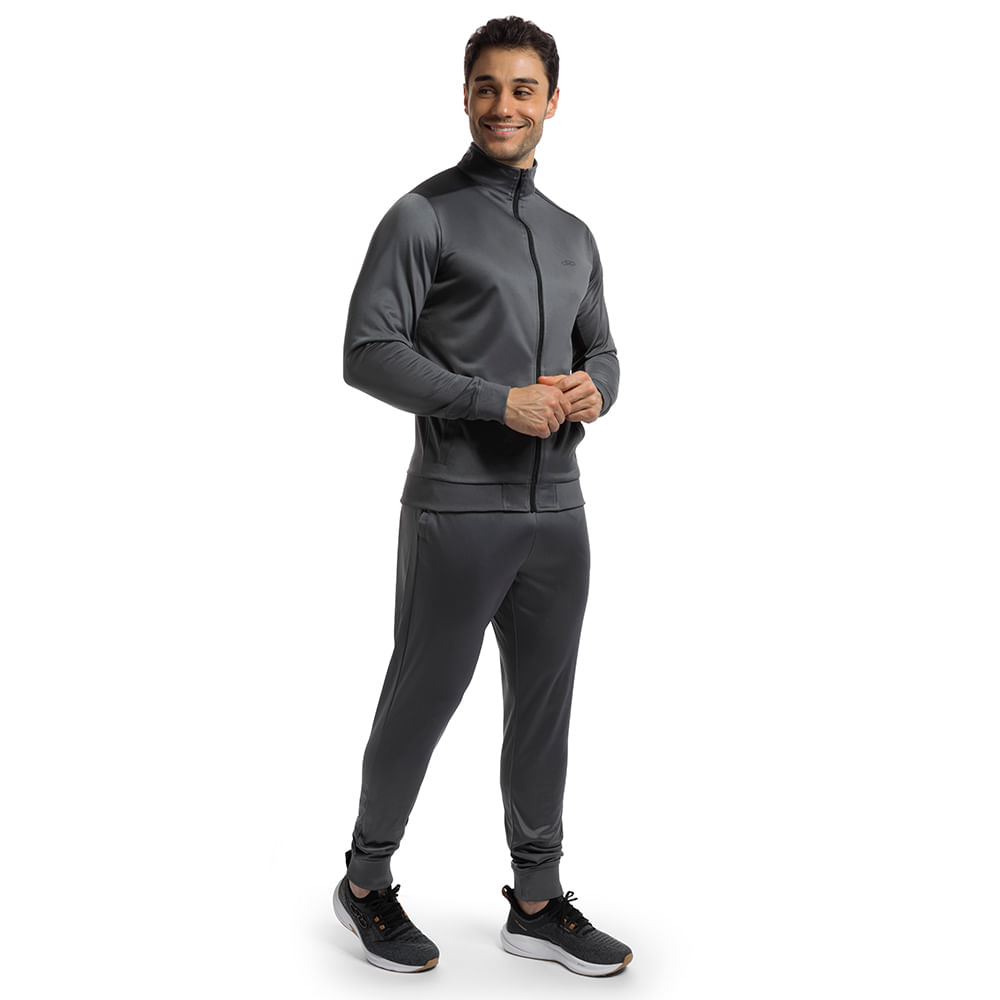 Vista traseira do Conjunto Agasalho masculino Olympikus Essential cinza com jaqueta e calça