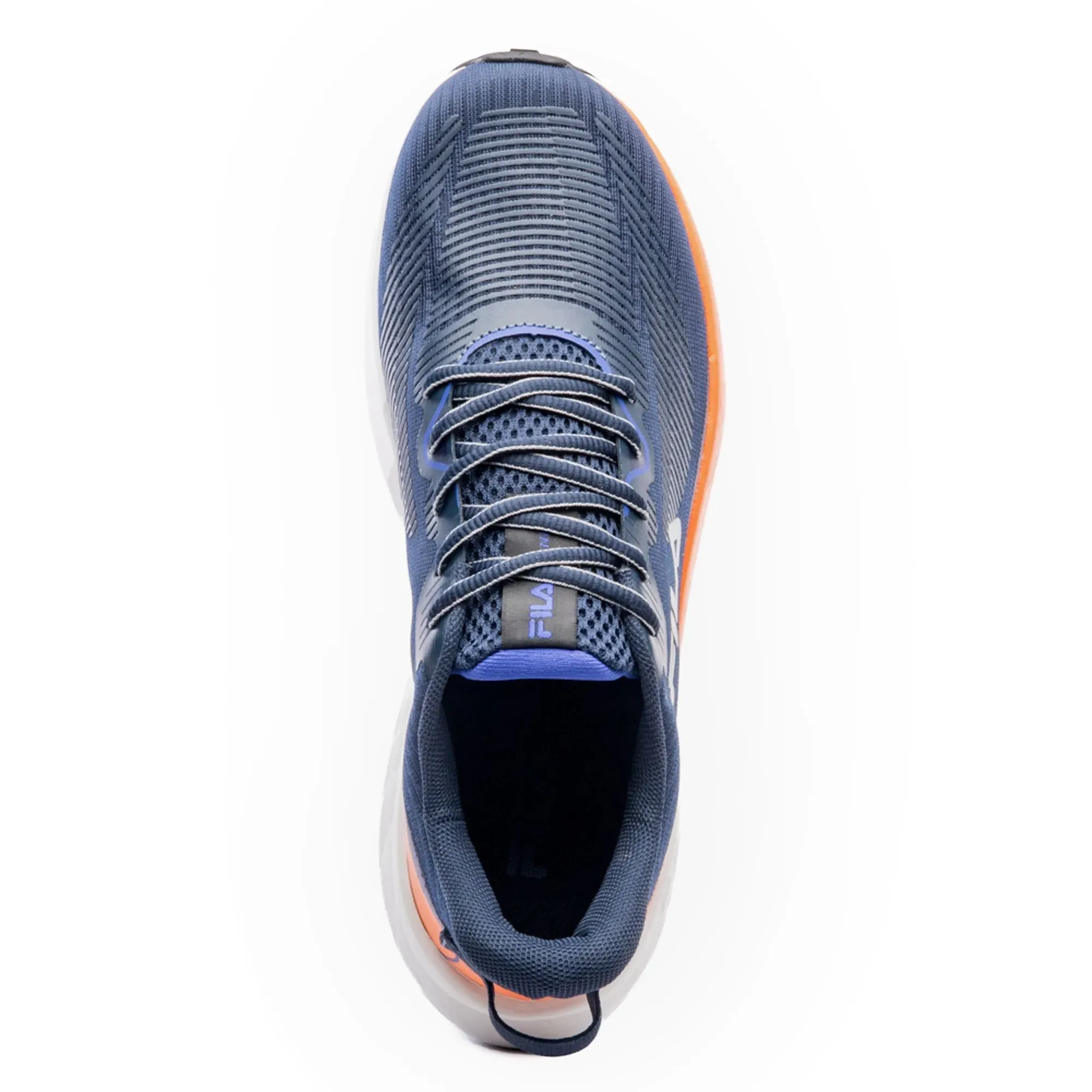 Vista superior do tênis esportivo masculino FILA Striker em marinho com detalhes em azul royal e laranja.