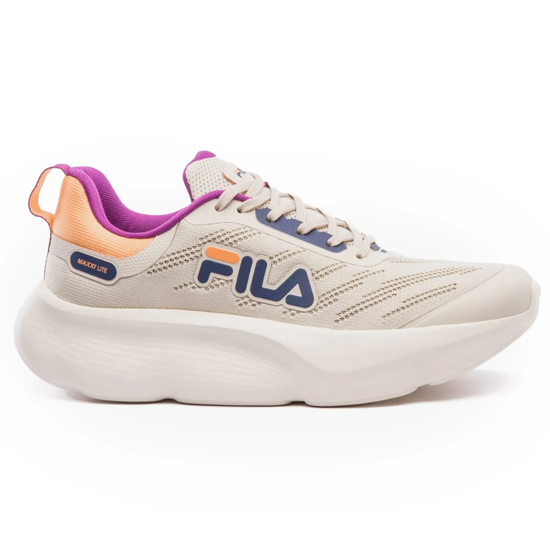 Tênis Fila Maxxi Lite Feminino bege para treino, com sola branca e detalhes coloridos