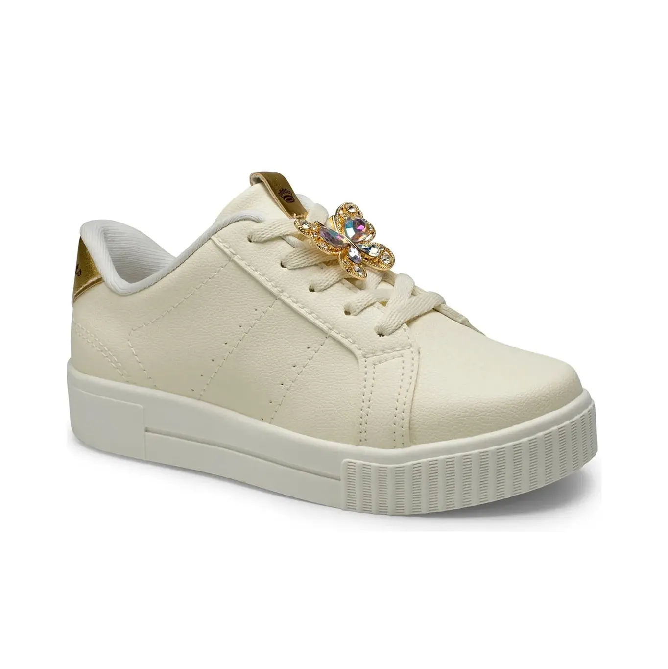 Tênis infantil feminino Pink Cats off white com detalhes dourados e borboleta cravejada de cristais, vista frontal