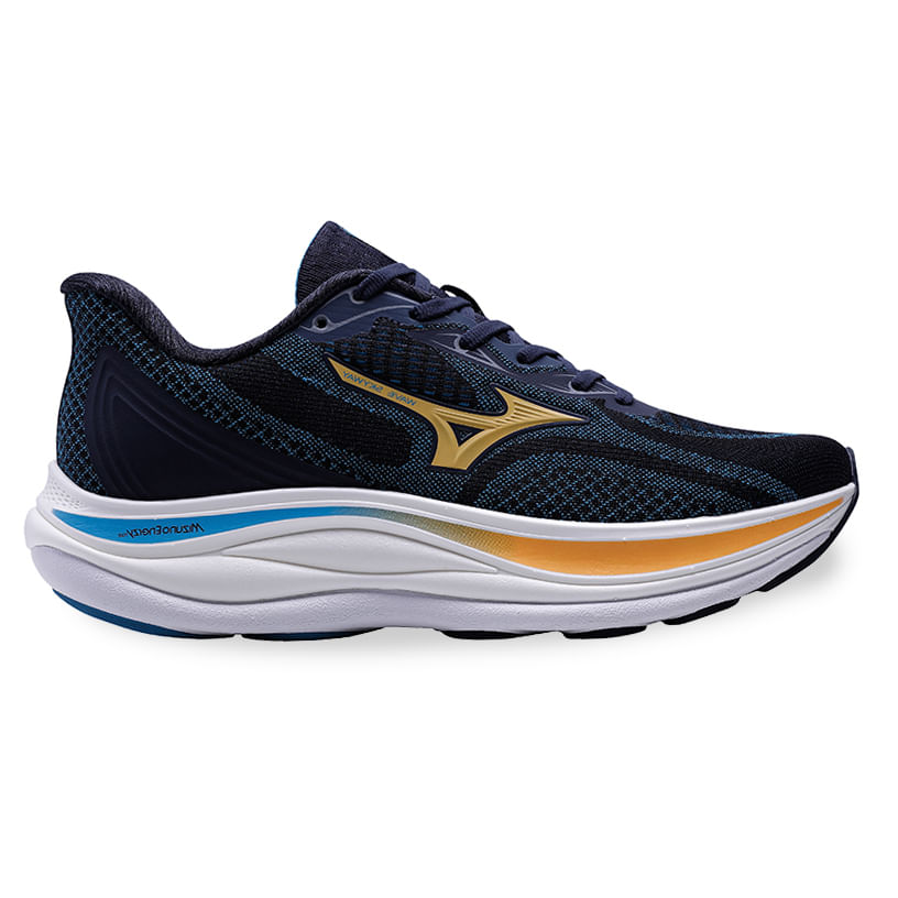 Tênis Mizuno Wave Skyway masculino marinho destacando design leve e tecnologia de amortecimento