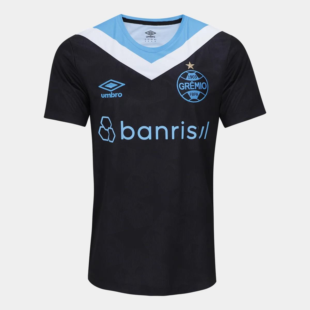 Camisa masculina Umbro Grêmio 2024 na cor preta vista frontal com escudo bordado e detalhes em azul e branco
