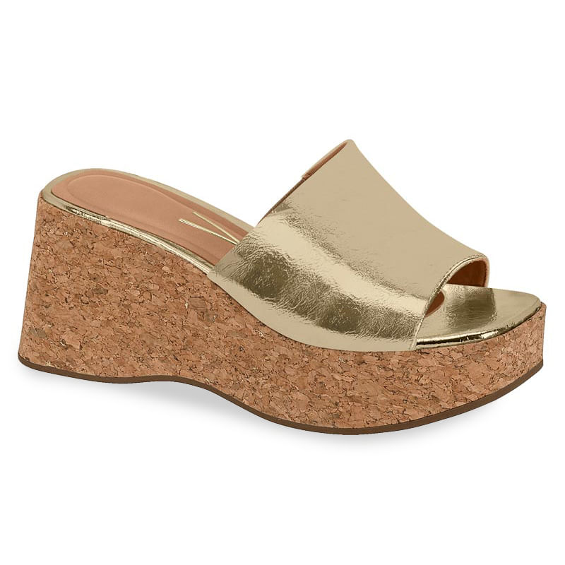 Tamanco Vizzano Metalizado Dourado Feminino com salto anabela e detalhe em metal dourado