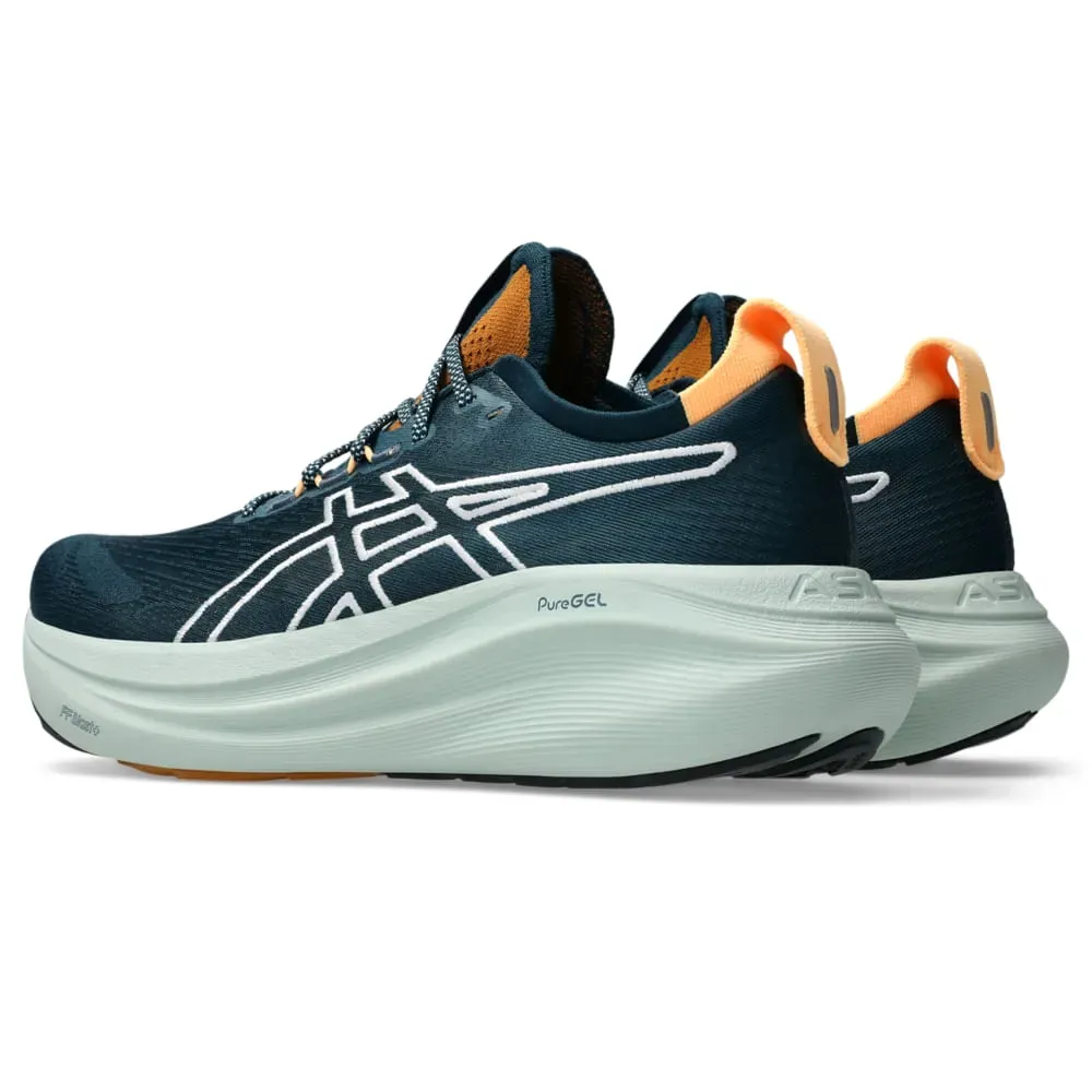 Tênis Asics Gel-Nimbus 27 TR verde masculino destacando tecnologia e design