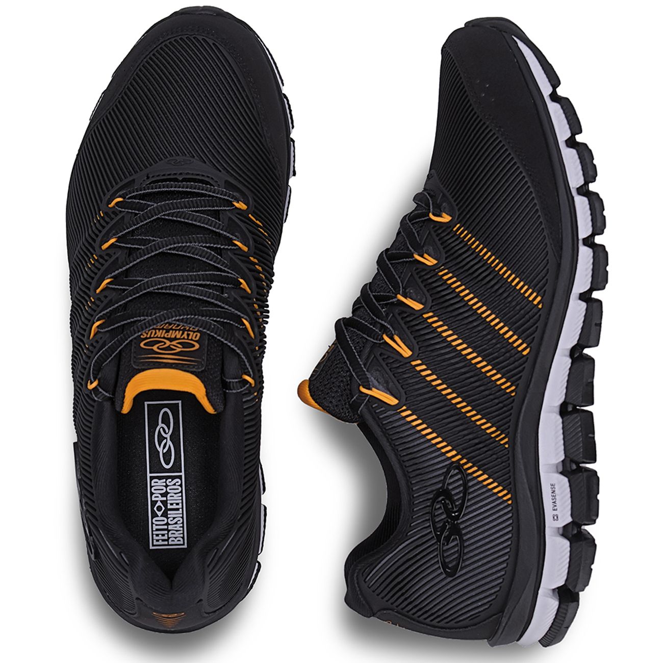 Tênis Olympikus Dynamic masculino preto com detalhes em laranja mostrando design e conforto