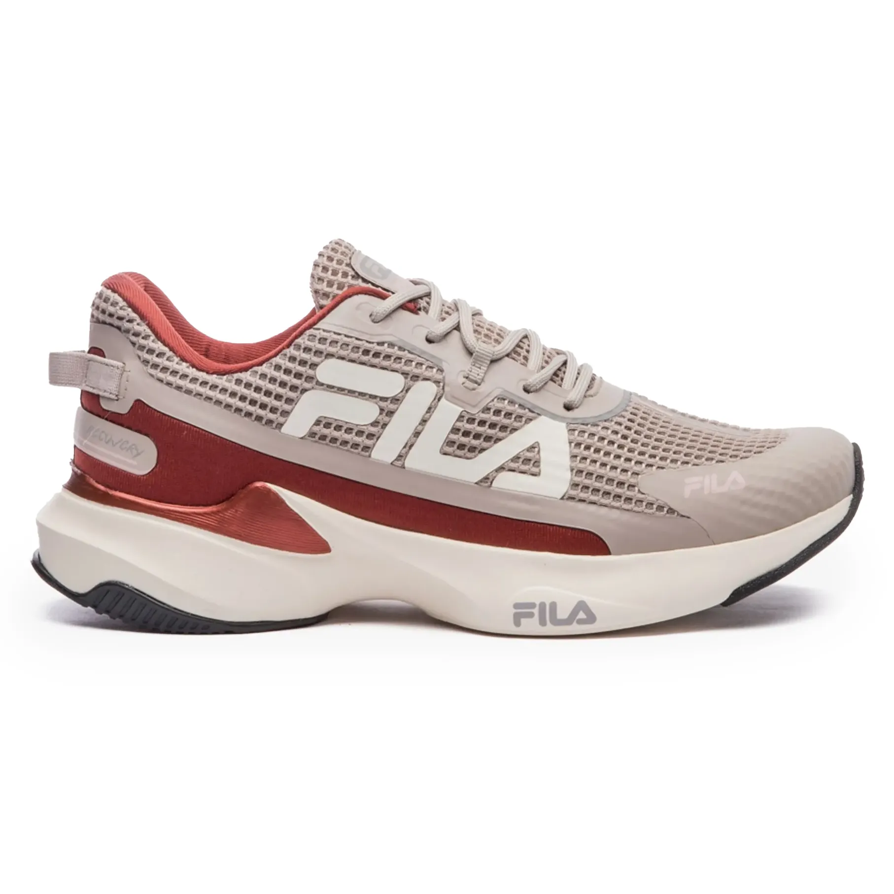 Tênis de corrida Fila Recovery feminino bege com detalhes marrom avermelhado e branco, design moderno e solado grosso