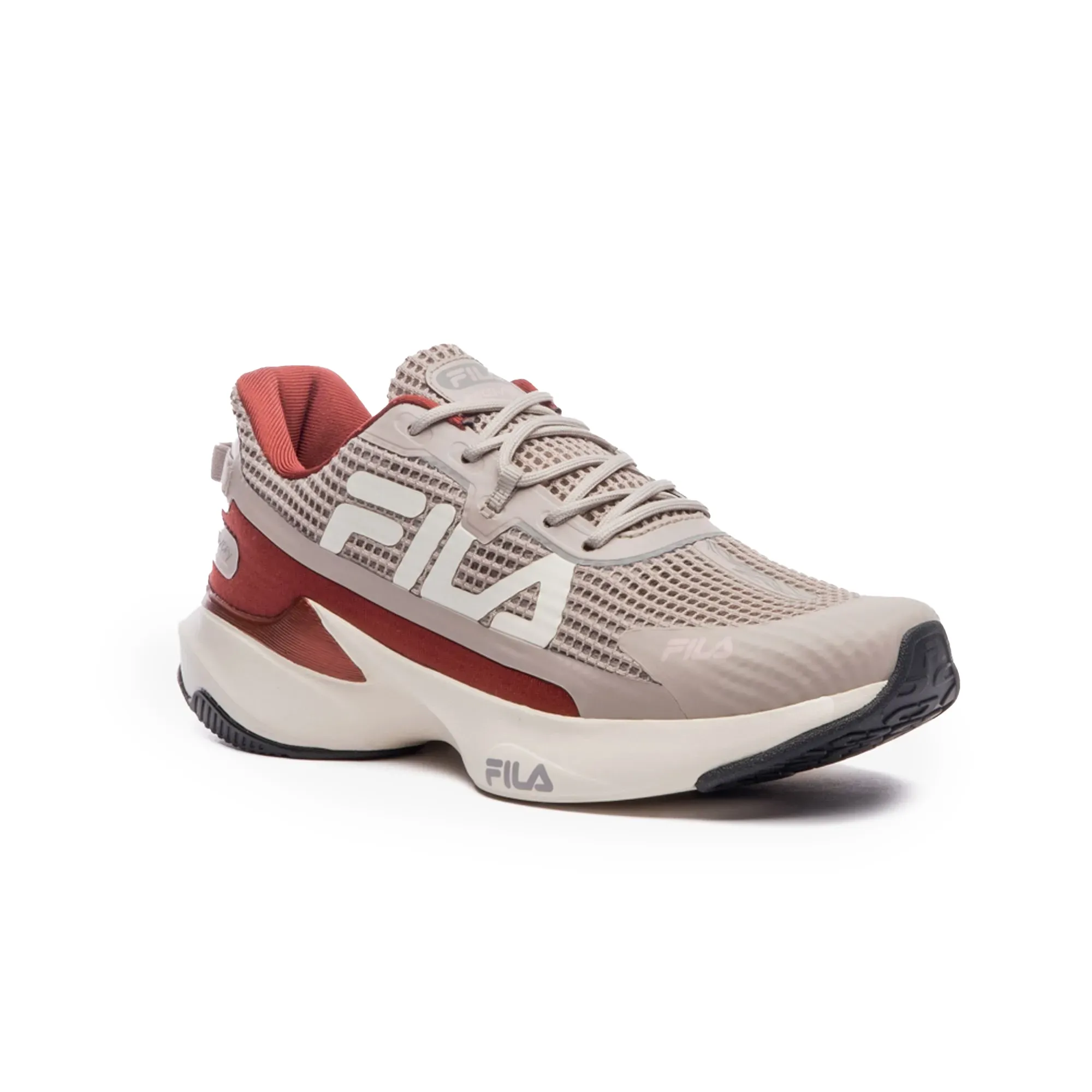 Tênis Fila Recovery feminino bege visto de frente com detalhes em marrom avermelhado e branco