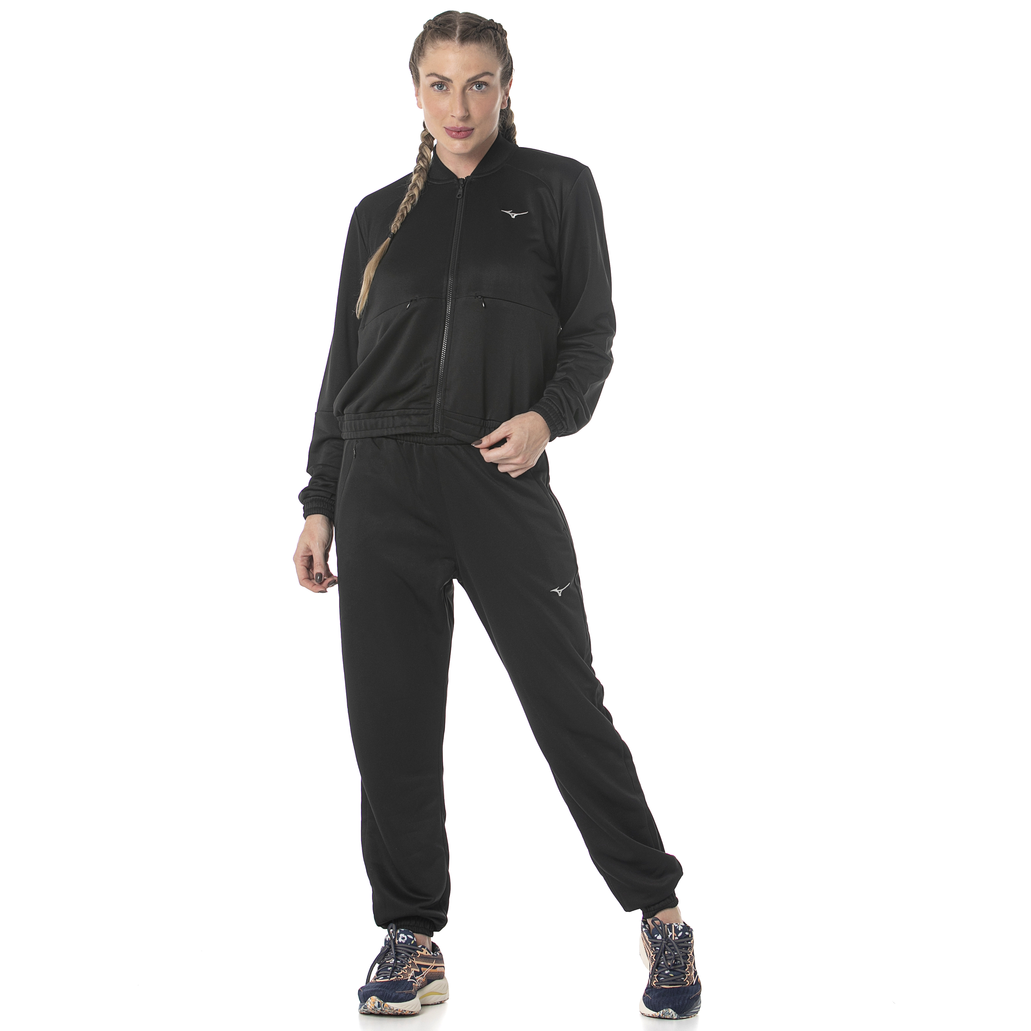 Conjunto agasalho feminino Mizuno preto com detalhes em logo bordado