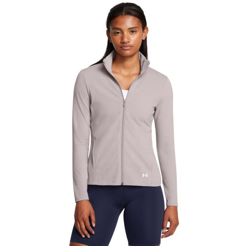 Jaqueta feminina Under Armour cinza clara vista frontal, ideal para atividades físicas e uso casual.