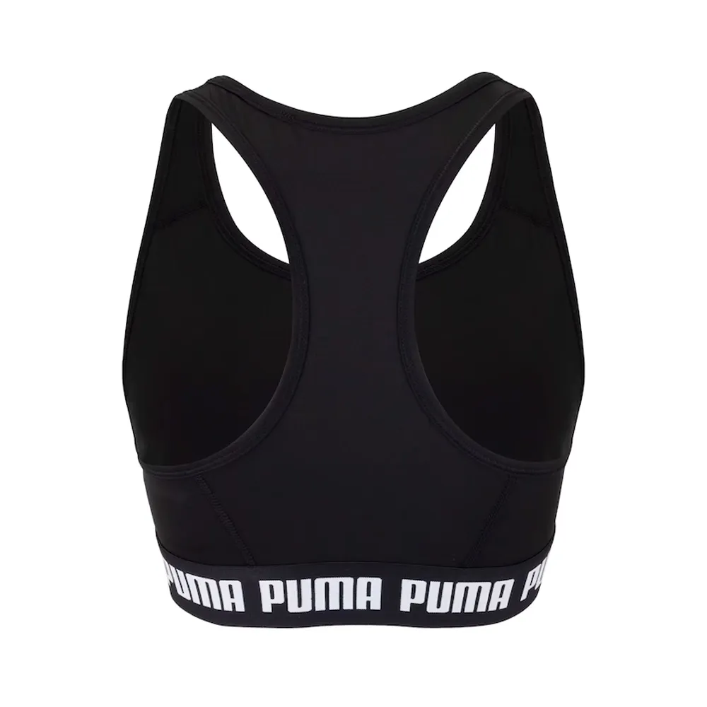Vista lateral do top esportivo feminino Puma preto com logo branco