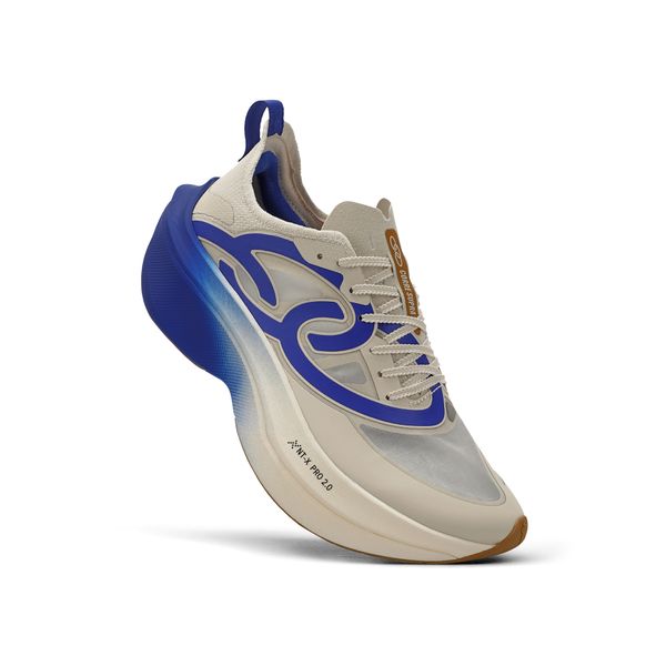 Tênis esportivo Olympikus Corre Supra 2 Bege Masculino vista lateral com detalhes em azul e branco
