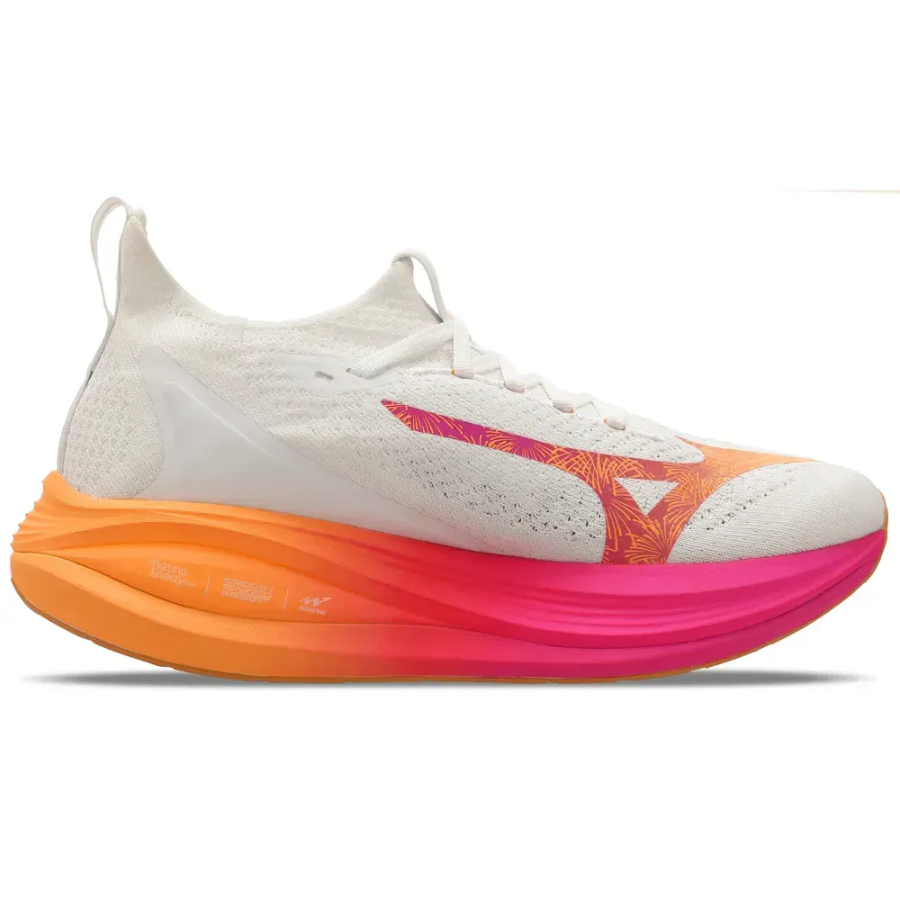 Tênis Mizuno Neo Vista 2 Unissex Branco vista lateral com cores branco, rosa e laranja, cadarço e solado emborrachado