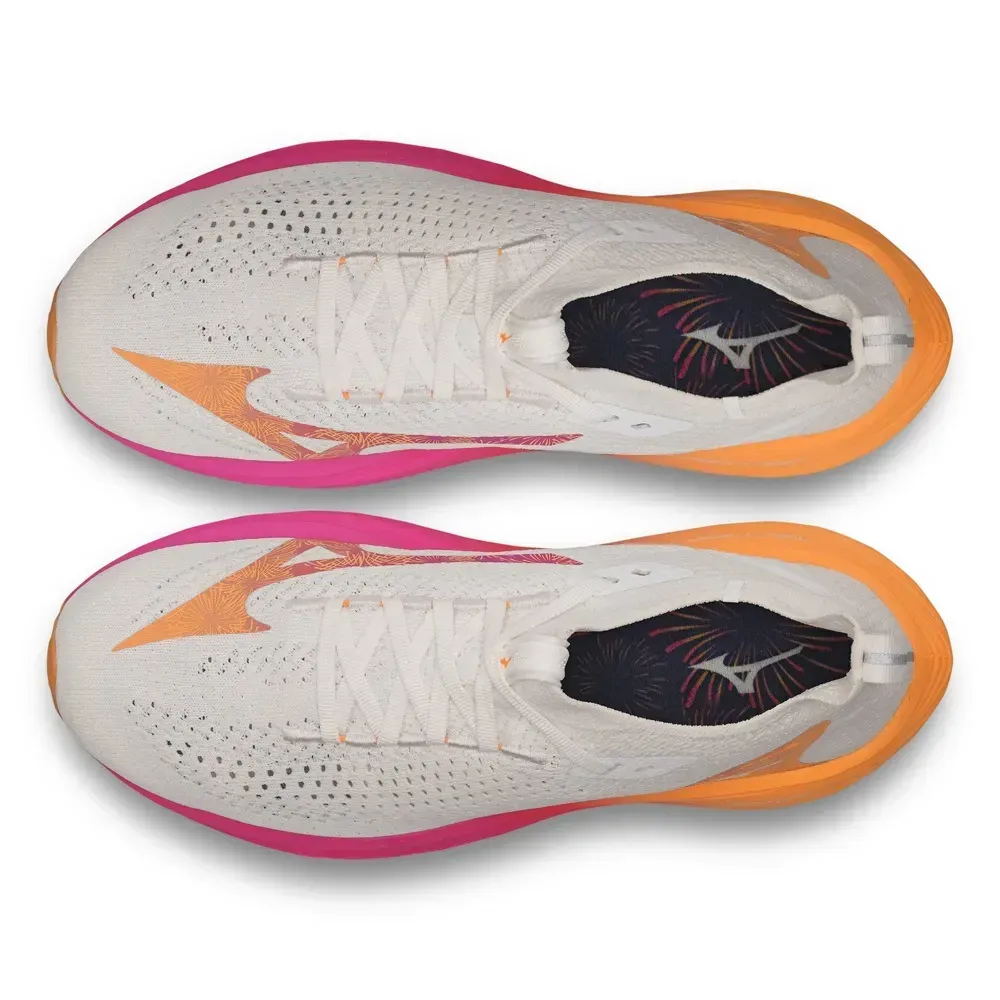 Tênis Mizuno Neo Vista 2 Unissex Branco vista frontal com cores branco, rosa e laranja